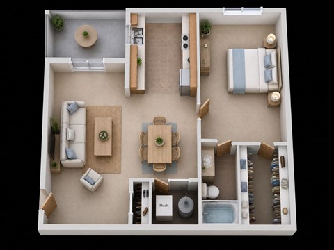 Floor plan for 1 bed, 1 bath, 710 sqft